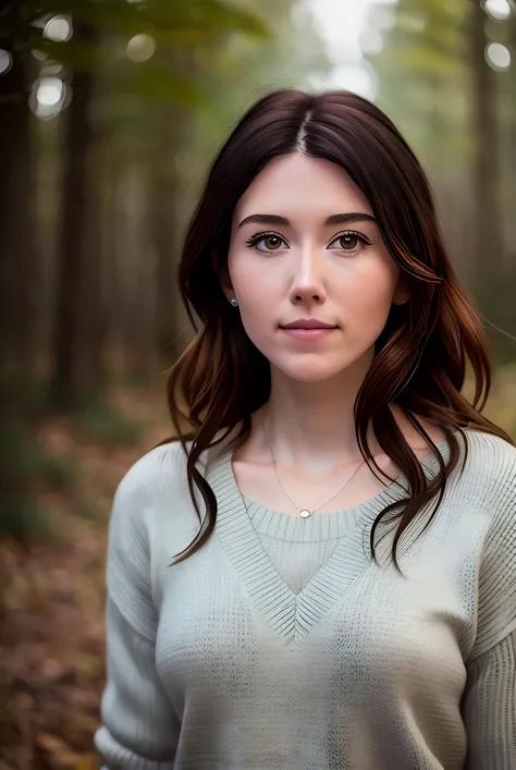 real life raw photo of a beautiful girl (J3ST401:0.99), full body photoshoot, full round face, short smile, brown sweater, forest setting, cinematic lightning, medium shot, mid - shot, highly detailed, trending on artstation, iso 2 0 0, f 1. 4, (8 0 mm:1.03), 8 5 mm, natural light, (morning haze:1.2), absurdres, incredibly_absurdres,