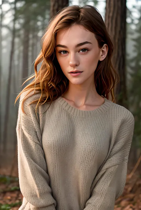 real life raw photo of a beautiful girl (Ahn8001:0.99), full body photoshoot, full round face, short smile, brown sweater, forest setting, cinematic lightning, medium shot, mid - shot, highly detailed, trending on artstation, iso 2 0 0, f 1. 4, (8 0 mm:1.03), 8 5 mm, natural light, (morning haze:1.2), absurdres, incredibly_absurdres,