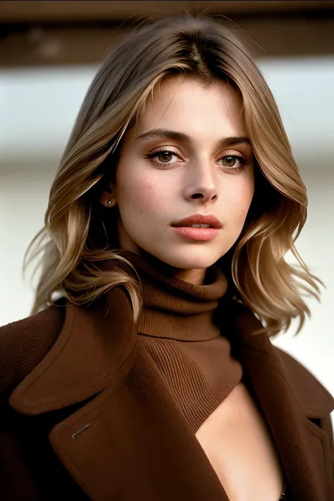 photo of (nk1nsky:0.99), a woman, RAW, close portrait photo, long brown coat, turtleneck sweater, trousers, (high detailed skin:1.2), 8k uhd, dslr, soft lighting, high quality, film grain, Fujifilm XT3 sharp focus, f 5.6