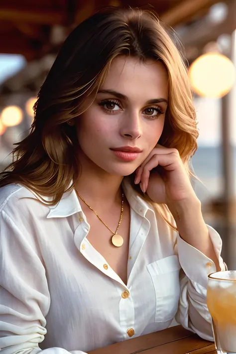 photo of (nk1nsky:0.99), a beautiful woman, closeup zoomed in tight crop portrait, sitting at a (table on a seaside boardwalk cafe bar drinks cocktails:1.2) wearing a (button shirt:1.3) (drinks on table:1.3) (Lighting-Gold:1.2) foreground objects background details (masterpiece:1.2) (photorealistic:1.2) (bokeh:1.2) (best quality) (color grading) (detailed skin:1.3) (intricate) (8k) (HDR) (cinematic lighting:1.3) (sharp focus)
