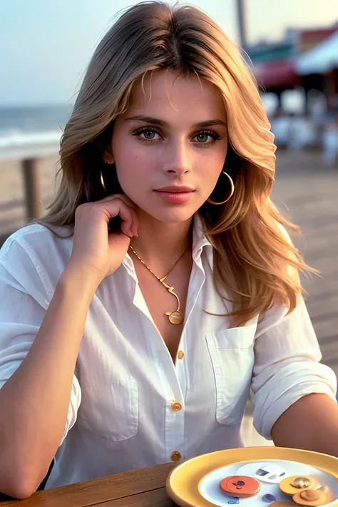 photo of (nk1nsky:0.99), a beautiful woman, closeup zoomed in tight crop portrait, sitting at a (table on a seaside boardwalk cafe bar drinks cocktails:1.2) wearing a (button shirt:1.3) (drinks on table:1.3) (Lighting-Gold:1.2) foreground objects background details (masterpiece:1.2) (photorealistic:1.2) (bokeh:1.2) (best quality) (color grading) (detailed skin:1.3) (intricate) (8k) (HDR) (cinematic lighting:1.3) (sharp focus)