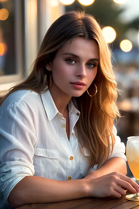 photo of (nk1nsky:0.99), a beautiful woman, closeup zoomed in tight crop portrait, sitting at a (table on a seaside boardwalk cafe bar drinks cocktails:1.2) wearing a (button shirt:1.3) (drinks on table:1.3) (Lighting-Gold:1.2) foreground objects background details (masterpiece:1.2) (photorealistic:1.2) (bokeh:1.2) (best quality) (color grading) (detailed skin:1.3) (intricate) (8k) (HDR) (cinematic lighting:1.3) (sharp focus)