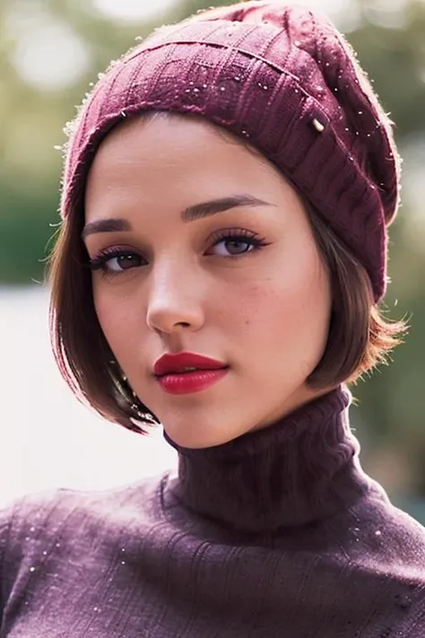 photo of a woman, jalba-3312:0.99, ((short hair):1.3) ((christmas hat, turtleneck sweater, fully clothed):1.2), ((closeup, portrait):1.2), ((outdoors, city, snow):1.2), ((red lipstick, eyeliner,eye shadow, blush):1.2), ((best quality, masterpiece, extreme details, high resolution):1.2),((detailed eyes, beautiful eyes, detailed face, beautiful face):1.2)