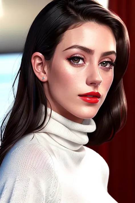 photo of aleguilmant:0.99, a woman, ((turtleneck sweater):1.1), ((closeup, portrait)), ((conference room)),((red lipstick,eyeliner, eye shadow, blush)), ((best quality, masterpiece, extreme details, high resolution):1.2),((detailed eyes, beautiful eyes, detailed face, beautiful face):1.2)