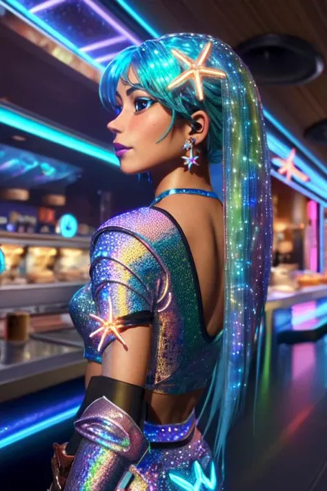 (masterpiece, best quality, highly detailed, very aesthetic, absurdres, ultra-detailed:1.2), 1girl, <lora:AndrA1a_v1:0.55> ((AndrAIa)), parted lips, (luminescent, iridescent, holographic, AIoufit:1.3), (leather, freckles:0.3), AIfins, starfish hair ornament, earrings, neon lights, (futuristic cafe), (hugging), looking away