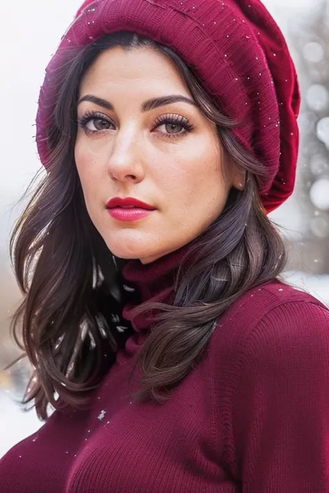 photo of a woman, juliab:0.99, ((short hair):1.3) ((christmas hat, turtleneck sweater, fully clothed):1.2), ((closeup, portrait):1.2), ((outdoors, city, snow):1.2), ((red lipstick, eyeliner,eye shadow, blush):1.2), ((best quality, masterpiece, extreme details, high resolution):1.2),((detailed eyes, beautiful eyes, detailed face, beautiful face):1.2)