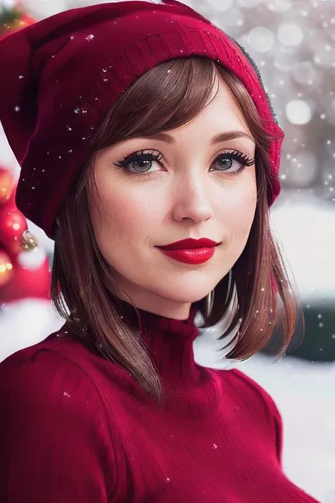 photo of a woman, elliekemper:0.99, ((short hair, dark brown hair):1.2) ((christmas hat, sweater):1.2), ((closeup, portrait):1.2), ((outdoors, city, snow):1.2), ((red lipstick, eyeliner,eye shadow, blush):1.2), ((best quality, masterpiece, extreme details, high resolution):1.2),((detailed eyes, beautiful eyes, detailed face, beautiful face):1.2)