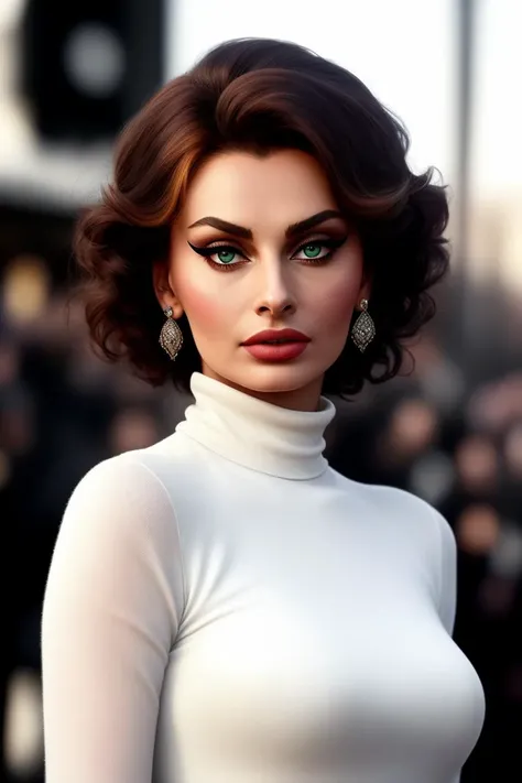 photo of (s0ph1al0ren:0.99), a woman as a star, modelshoot style, (extremely detailed CG unity 8k wallpaper), photo of the most beautiful artwork in the world, professional majestic oil painting by Ed Blinkey, Atey Ghailan, Studio Ghibli, by Jeremy Mann, Greg Manchess, Antonio Moro, trending on ArtStation, trending on CGSociety, Intricate, High Detail, Sharp focus, dramatic, photorealistic painting art by midjourney and greg rutkowski, (elegant turtleneck dress:1.2), ((movieiere)), (long skirt), ((standing near a movie thea, ((paparazzi in the background)), (looking at viewer:1.2), (detailed pupils:1.3), ((closeup portrait:1.1))