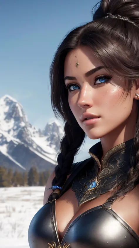 (RAW, analogue, Nikon Z 14mm ultra-wide angle lens, award-winning glamour photograph, ((best quality)), ((masterpiece)), ((realistic)), skin pores, subsurface scattering, radiant light rays, high-res, detailed facial features, high detail, sharp focus, smooth, aesthetic, extremely detailed, (extremely detailed eyes, extremely detailed iris), extremely detailed hair, extremely detailed skin, extremely detailed clothes, octane render, photorealistic, realistic, post-processing, max detail, realistic shadows, roughness, natural skin texture, real life, ultra-realistic, photorealism, photography, 8k UHD, photography, hdr, intricate, elegant, highly detailed, sharp focus, stunning, beautiful, gorgeous), (masterpiece:1.2), (best quality:1.2), perfect eyes, perfect face, volumetric lighting, 1girl, mature female barbarian_woman, fur, armor, leather, muscles, abs, toned, loin cloth, scars, long black hair, pompadour cut, braids, blue eyes, fantasy, detailed outdoor background, mountains, snow