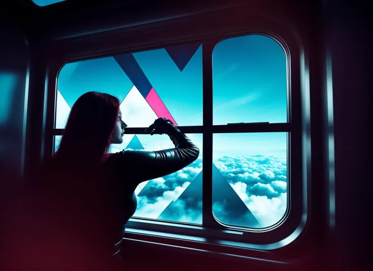 three cornered window, back of head shot of (woman looking out of triangle window:1.1), 3rd person, Looking out the triangular window of a (train:1.1) with triangular windows, triangular windows and triangular, wheels, in a fantasy world,
psychedelic, geometric, vivid light, high contrast, triadic colors, dark shadows, explosions, nuclear mushroom cloud, nuclear explosion, dystopian nightmare,
(beautiful composition),
21 yo woman,