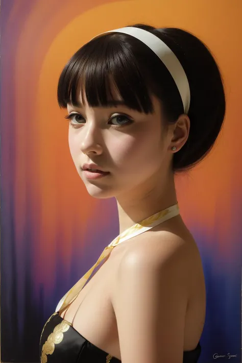 1girl, (portrait art by Gwen John:1.2) , watercolor art, awardwinning Painting, behance, full shot of a Romantic Decorative Black and Gold ("I am large, I contain multitudes.":1.3) , war, a battle with lasers going on in the distance complex Colorful background, Industrial flora and Tidal forces in background, at Sunrise, shallow depth of field, Anime screencap, Peaceful, Methaphysical painting, Indirect light, 50mm, Fujifilm Superia, Ribbons, poster art, masterpiece, extremely beautiful, symmetry
