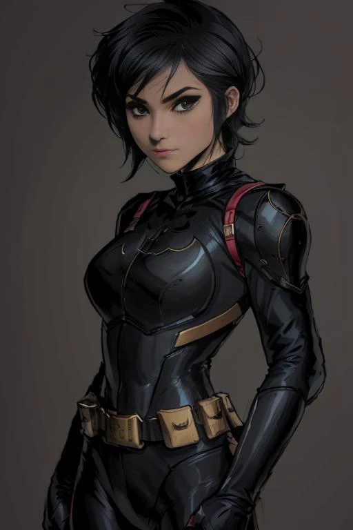 breathtaking CassCain, cassandra cain, latex batgirl suit, 1girl, black hair, brown eyes, looking at viewer, mask, short hair, simple background <lora:CassandraCain-01:1>, masterpiece, award-winning, professional, highly detailed