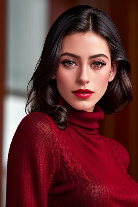 photo of aleguilmant:0.99, a woman, ((turtleneck sweater):1.1), ((closeup, portrait)), ((conference room)),((red lipstick,eyeliner, eye shadow, blush)), ((best quality, masterpiece, extreme details, high resolution):1.2),((detailed eyes, beautiful eyes, detailed face, beautiful face):1.2)
