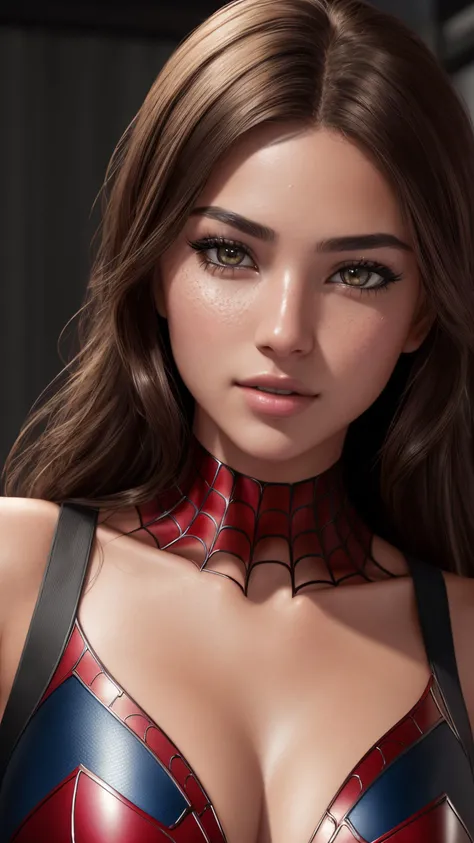 (RAW, analogue, Nikon Z 14mm ultra-wide angle lens, award-winning glamour photograph, ((best quality)), ((masterpiece)), ((realistic)), skin pores, subsurface scattering, radiant light rays, high-res, detailed facial features, high detail, sharp focus, smooth, aesthetic, extremely detailed, (extremely detailed eyes, extremely detailed iris), extremely detailed hair, extremely detailed skin, extremely detailed clothes, octane render, photorealistic, realistic, post-processing, max detail, realistic shadows, roughness, natural skin texture, real life, ultra-realistic, photorealism, photography, 8k UHD, photography, hdr, intricate, elegant, highly detailed, sharp focus, stunning, beautiful, gorgeous), Detailed realistic beautiful female 18 year-old girl as Spiderman from Marvel, makeup, full body visible, brown hair, realistic skin, photorealistic, athletic body, realistic, cinematic shot, (extremely detailed CG unity 8k wallpaper), trending on ArtStation, trending on CGSociety, High Detail, Sharp focus, dramatic, beautiful background, full shoot, high quality, (beautiful face), (detailed face), detailed hands, beautiful hands