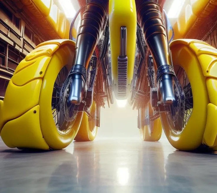 (woman riding a bike inside a bike factory), front wheel, low angle shot, bicycle ride woman, pedaling a bicycle, on a bicycle factory, bicycle with woman on it in front of a factory, bicycle production line, LatexTech bicycle parts, detailed photo of virtual LatexTech world factory, bicycle assembly line <lora:LatexTech:1.20>