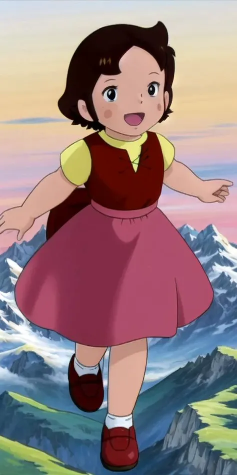 solid-best-physical-appearance-perfect::2 (((ultra-high-detailed, the-person-in-question, snapshot-lifelike-realistic-perfect))) (((1girl-solo-perfect, small-child, flat-appearance))) outdoors, alps, mountains, nature <lora:0 ALPShaiji:1> retro-anime-haiji, long-skirt, pink-skirt, red-vest