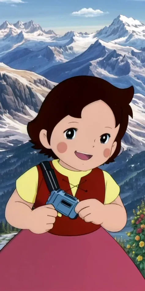 solid-best-physical-appearance-perfect::2 (((ultra-high-detailed, the-person-in-question, snapshot-lifelike-realistic-perfect))) (((1girl-solo-perfect, small-child, flat-appearance))) outdoors, alps, mountains, nature <lora:0 ALPShaiji:1> anime-haiji, long-skirt, pink-skirt, red-vest
