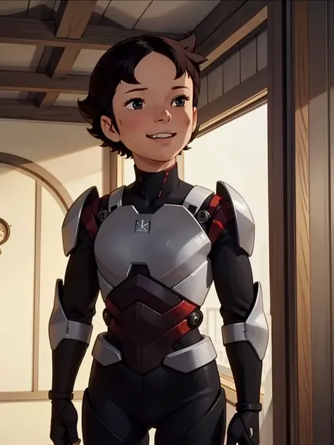 <lora:0 ALPShaiji:0.6> haiji, , human young girl, short hair happy, depth of field, dust, (masterpiece, best quality), (in a black exoskeleton:1.4),