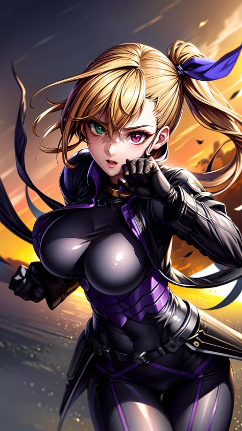 1girl, solo, detailed skin, ultra realistic 8k cg, picture-perfect face, flawless, clean, masterpiece, professional artwork, famous artwork, cinematic lighting, cinematic bloom, ((beautiful eyes)), intricate iris, (((perfect hands))), (extremely detailed background), ((dynamic background)), beautiful detailed girl, beautiful detailed nose, light on face, looking at viewer,<lora:GoodHands-beta2:1>, <lora:more_details:0.6>, vivio1, heterochromia, ribbon, gloves, large breasts, ahoge, black_bodysuit, black jacket, <lora:vivio_v2:0.7>