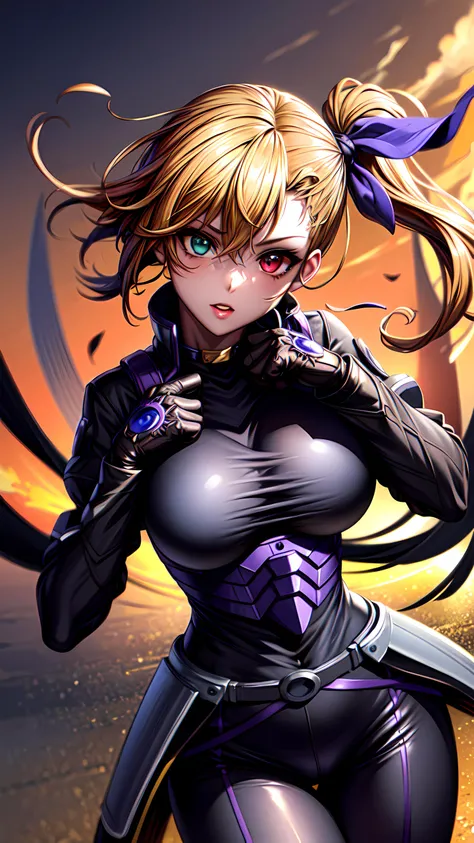 1girl, solo, detailed skin, ultra realistic 8k cg, picture-perfect face, flawless, clean, masterpiece, professional artwork, famous artwork, cinematic lighting, cinematic bloom, ((beautiful eyes)), intricate iris, (((perfect hands))), (extremely detailed background), ((dynamic background)), beautiful detailed girl, beautiful detailed nose, light on face, looking at viewer,<lora:GoodHands-beta2:1>, <lora:more_details:0.6>, vivio1, heterochromia, ribbon, gloves, large breasts, ahoge, black_bodysuit, white jacket, <lora:vivio_v2:0.7>