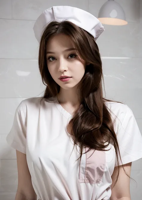 1girl, solo, upper body, looking at viewer, white background, long hair, nurse, sexy nurse, multicolored hair, <lora:Shawni-01:1>