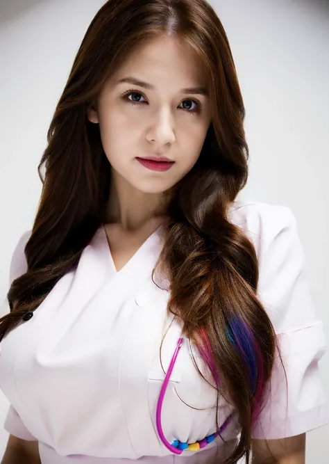 1girl, solo, upper body, looking at viewer, white background, long hair, nurse, sexy nurse, multicolored hair, <lora:Shawni-01:1>