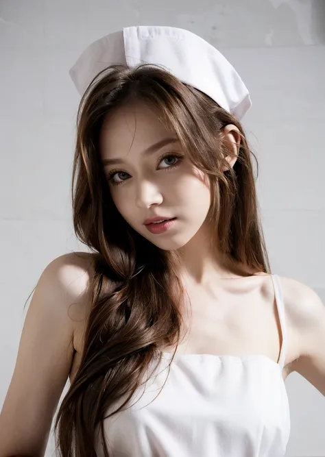1girl, solo, upper body, looking at viewer, white background, long hair, nurse, sexy nurse, multicolored hair, <lora:Shawni-01:1>