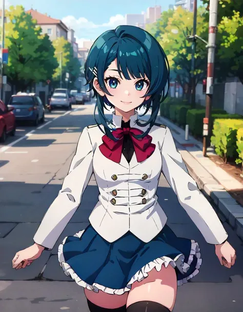 1girl, solo, cowboy shot, (university:1.2), greenery, (cobblestone:1.2), smile, AizawaKazuha, asymmetrical hair, hairclip, school uniform, red bowtie, white jacket, black shirt, blue skirt, black thighhighs <lora:CHAR-AizawaKazuha:1>