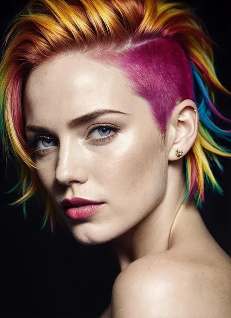 portrait of sks woman by Flora Borsi, style by Flora Borsi, bold, bright colours, rainbow Mohawk haircut, ((Flora Borsi)), <lora:lora_caity_v2_from_v2_160:1>