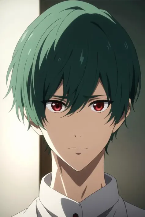 masterpiece, best quality, high quality, 1boy, solo, male focus, looking at viewer, upper body, <lora:kirishima_ikuya:0.74>, kirishima_ikuya, green hair, red eyes, <lora:animemix_v3_offset:0.85>