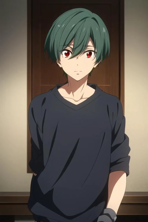 masterpiece, best quality, high quality, 1boy, solo, male focus, looking at viewer, upper body, <lora:kirishima_ikuya:0.70>, kirishima_ikuya, green hair, red eyes, <lora:animemix_v3_offset:0.40>