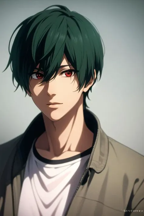 masterpiece, best quality, high quality, 1boy, solo, male focus, looking at viewer, upper body, <lora:kirishima_ikuya:0.74>, kirishima_ikuya, green hair, red eyes, <lora:Realism-10:0.10>, Realism