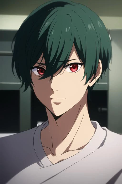 masterpiece, best quality, high quality, 1boy, solo, male focus, looking at viewer, upper body, <lora:kirishima_ikuya:0.82>, kirishima_ikuya, green hair, red eyes, <lora:animemix_v3_offset:0.40>