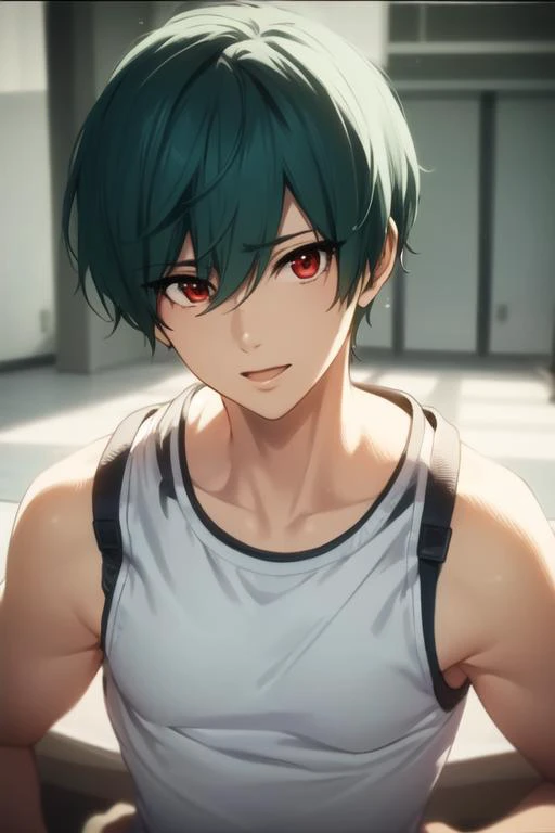 masterpiece, best quality, high quality, 1boy, solo, male focus, looking at viewer, upper body, <lora:kirishima_ikuya:0.82>, kirishima_ikuya, green hair, red eyes, <lora:Realism-10:0.25>, Realism