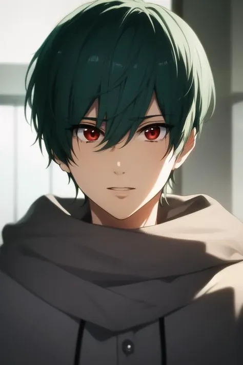 masterpiece, best quality, high quality, 1boy, solo, male focus, looking at viewer, upper body, <lora:kirishima_ikuya:0.70>, kirishima_ikuya, green hair, red eyes, <lora:animemix_v3_offset:0.35>