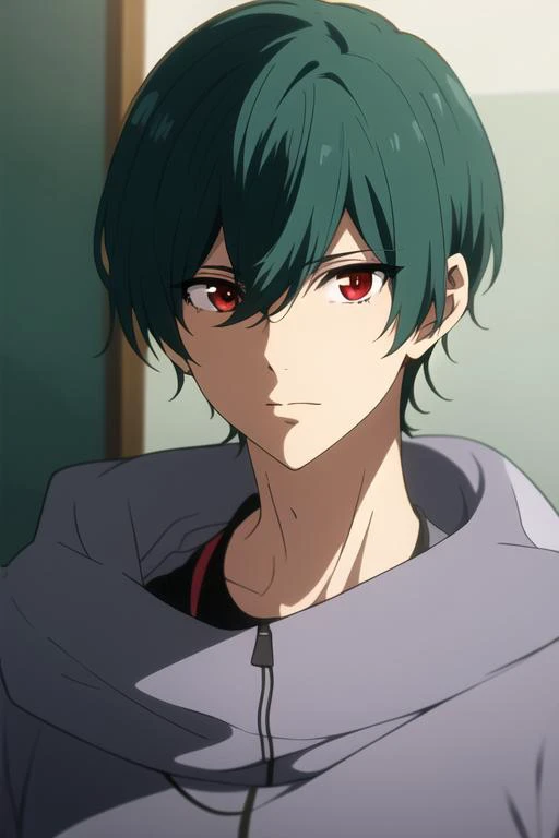masterpiece, best quality, high quality, 1boy, solo, male focus, looking at viewer, upper body, <lora:kirishima_ikuya:0.80>, kirishima_ikuya, green hair, red eyes, <lora:animemix_v3_offset:0.50>