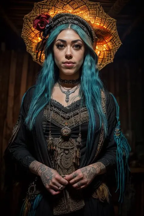 DEN_kiitenymph_OF,
(as a voodoo witchdoctor dressed in rags with tattoos on her face in a shack with a (voodoo doll:1.2),snakes,swamp,atmospheric,cinematic lighting,dynamic lighting,using a voodoo doll,((voodoo doll:1.2)),(rag clothing),macabre,dreadlocks:1.2),
bokeh, f1.4, 40mm, photorealistic, raw, 8k, textured skin, skin pores, intricate details <lora:epi_noiseoffset2:1>, epiCRealism <lora:ClothingAdjuster3:-1>