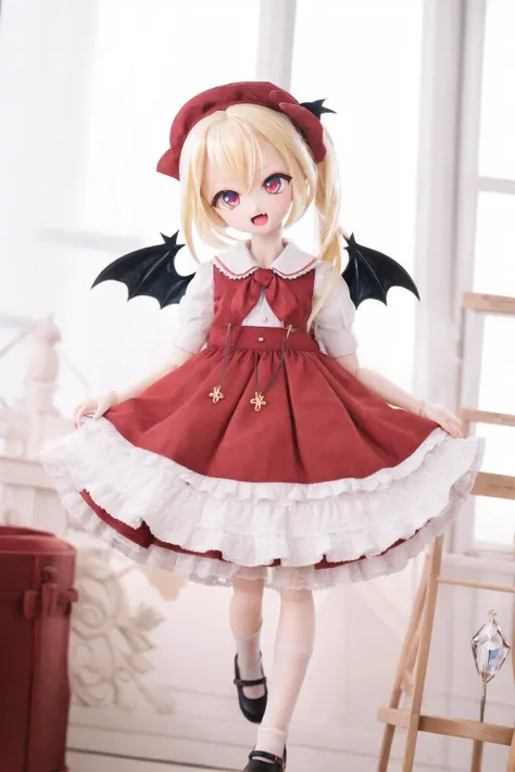 bjd,doll,full body, best quality, ultra-detailed, (solo:1.3),1girl, full body, cowboy shot, flandre scarlet, white soft hat, red hat bow, blonde hair, side ponytail, red eyes, shiny eyes, fang, red vest, short sleeves, puffy sleeves, yellow ascot, red frilled skirt, crystal wings, bobby socks, mary janes, red shoes,