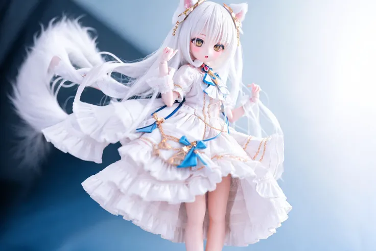 Chibi Character, A silver-haired girl with cat ears wearing a white dress, smile, mini skirt, See-through tights, Open-chested, ((The president is giving a speech))、Stand microphone、front、White House in the background