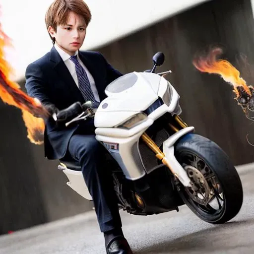 high resolution, high detail, masterpiece, 1boy, business suit, dd      doll <lora:dollStylePhotographyArtSdBjd_dollStandard:0.6> riding a motorcycle with his hair on fire