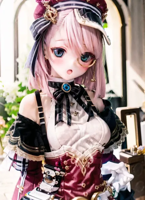 1girl, bare_shoulders, beret, blush, camera, detached_sleeves, gloves, hat, long_sleeves, looking_at_viewer, medium_hair, monocle, open_mouth, pink_hair, pink_headwear, ribbon, steampunk, upper_body, white_gloves
<lora:charlotte-000013:1>
<lora:add_detail:0.2><lora:dollStylePhotographyArtRealistic_dollPhotographyv2:1:OUT10.8>