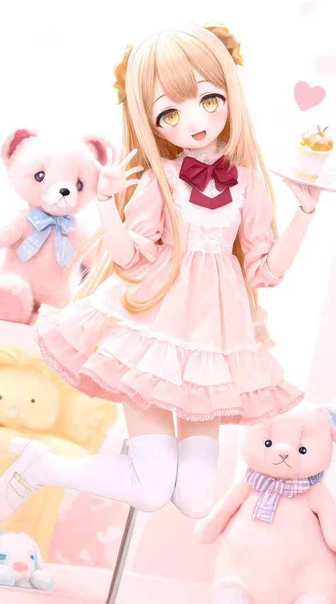dd,doll,1girl, joints, doll joints, adult, proportionate, honey blonde hair, yellow eyes, pose, ringlet hair, long hair, dress, (solo), socks, kneehighs, stuffed toy, stuffed animal, thighhighs, smile, very long hair, pink dress, looking at viewer, open mouth, hd wallpaper, <lora:dd:0.6>,