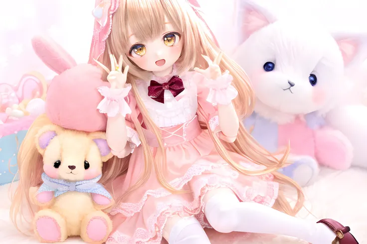 dd,doll,1girl, joints, doll joints, honey blonde hair, yellow eyes, ringlet hair, long hair, dress, (solo), socks, kneehighs, stuffed toy, stuffed animal, thighhighs, smile, very long hair, pink dress, looking at viewer, laying, full body, smile, open mouth, hd wallpaper, <lora:dd:0.65>