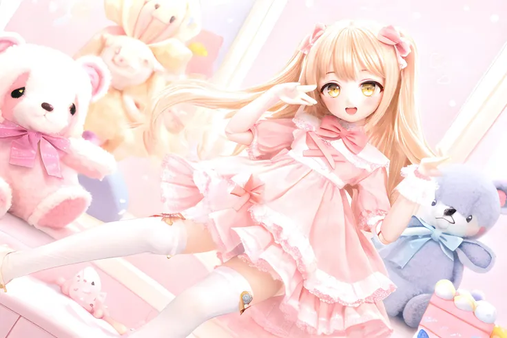 dd,doll,1girl, joints, doll joints, adult, proportionate, honey blonde hair, yellow eyes, pose,  ringlet hair, long hair, dress, (solo), socks, kneehighs, stuffed toy, stuffed animal, thighhighs, smile, very long hair, pink dress, looking at viewer, smile, open mouth, hd wallpaper,  <lora:dd:0.6>,