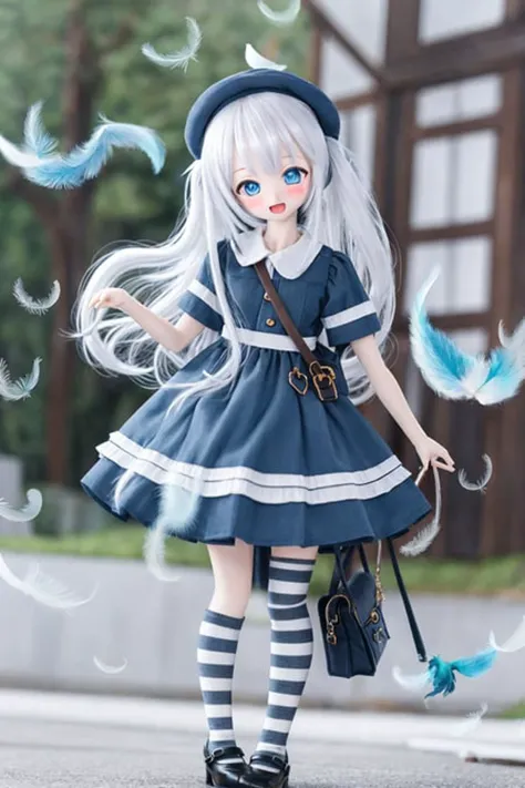 dd,doll,1girl, solo, striped, socks, blurry, blurry background, long hair, blue eyes, kneehighs, very long hair, dress, short sleeves, depth of field, open mouth, striped socks, bangs, feathers, hat, shoes, standing, black footwear, white feathers, standing on one leg, v, head tilt, blush, looking at viewer, bag, white hair, blue headwear, blue dress, tilted headwear, leaning to the side, :d, hand up, shoulder bag, full body, shirt, white shirt, smile