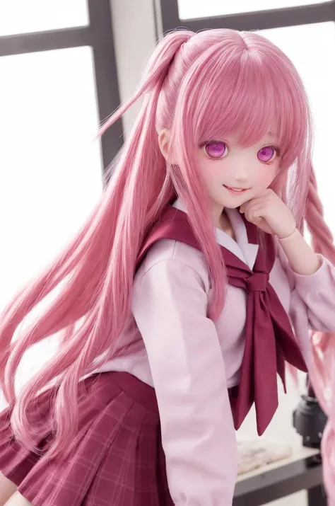 (masterpiece, best quality, ultra-detailed, highres:1.2), doll, dd, 1girl, (gasai yuno:1.1), dark pink eyes, pink hairs, hairs, (yunouniform:1.1), school uniform, purple dress, crazy smile, blood on face, blood on clothes, dollgirl, joints, looking at viewer, full body, at battlefield, cinematic lighting, detailed background