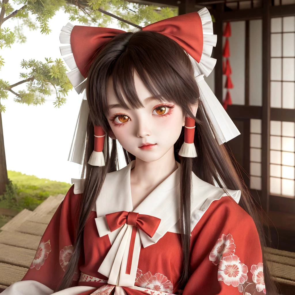 (masterpiece, best quality, ultra-detailed, highres:1.2),
doll, dd, dollgirl, 1girl, pretty, (Hakurei Reimu:1.5),
red skirt, red shirt, long sleeves, navel, bare shoulders, hair bow, frills, wide sleeves, detached sleeves, hair tubes, yellow ascot,
intricate eyes, heavy eye makeup, (Gohei, onbe, heisoku:1.2), full body,
highly detailed background, shrine, outdoor, trees, day, sky, traditional japan,