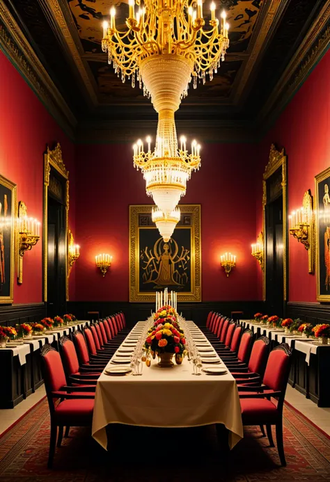 (neon art painting by Jackson Pollock) of a  queen from ancient egypt,  set in ancient egypt era, in  Banquet Hall, Magnificent chamber with long dining tables set with golden cutlery, elaborate candelabras casting flickering light, plush cushions lining the walls, fragrant flower arrangements, and servants bustling about , at sunset, award winning, very aesthetic