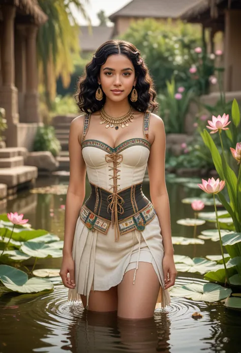 (medium full shot) of (vivacious queen from ancient egypt) young woman, curvy build, black wavy hair hair, brown eyes, tan skin, egyptian makeup, wearing Linen corset with embroidered lotus blossoms, linen skirt with fringe hem, jeweled collar necklace, sandals with carved scarab motifs, set in ancient egypt era, in  Lotus Pond, A serene pond filled with blooming lotus flowers, surrounded by fragrant herbs and reeds, with stone steps leading down for a refreshing dip, and small wooden boats available for leisurely rides , smiling at the viewer, Masterpiece,best quality, photorealistic, amazing quality, very aesthetic, extremely detailed face,