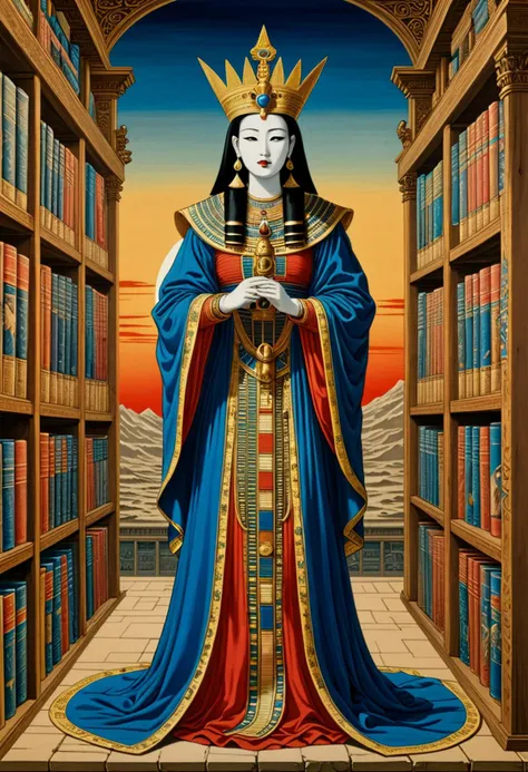 (horror painting by Utagawa Kuniyoshi) of a  queen from ancient egypt,  set in ancient egypt era, in  Library of Alexandria, Magnificent repository of scrolls and knowledge, with towering shelves stretching towards the heavens, scholars engrossed in study, and the scent of papyrus filling the air , at sunset, award winning, very aesthetic